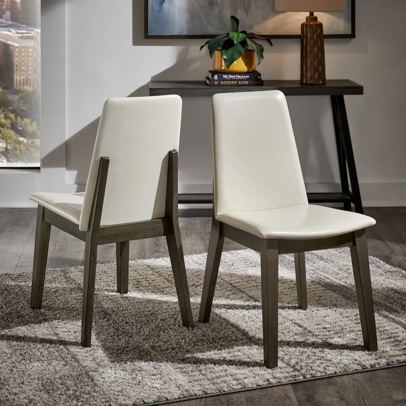 Wood Finish White Vegan Leather Dining Chair (Set of 2) - Gray