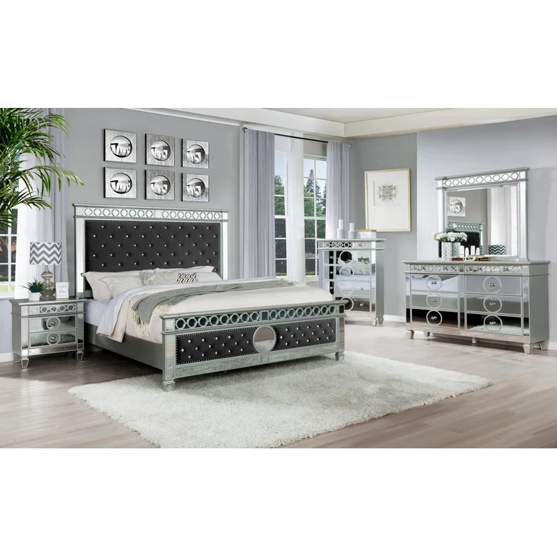 6 Piece Queen Bedroom Set with Mirrored Accents & Tufted Upholstery