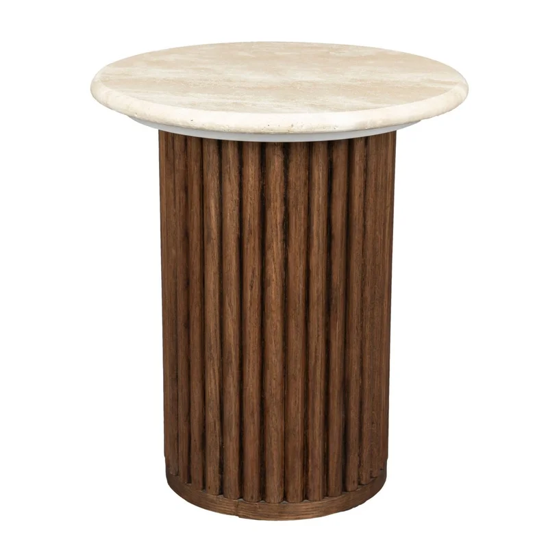 Dutchbone Arda Ribbed Brown Wood & Travertine Side Table
