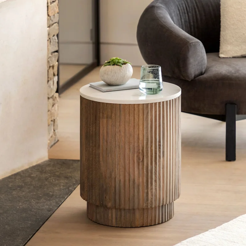 Francesco Grey Mango Wood & White Marble Drum Side Table
