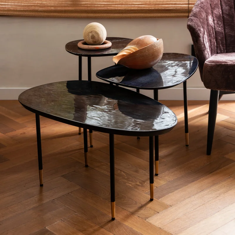 Dutchbone Set of 3 Phyllis Gloss Black Mango Wood Side Tables Nest