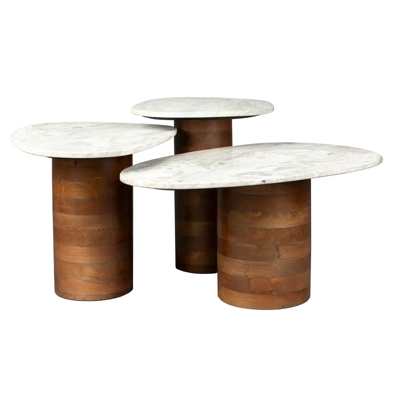 Dutchbone Set of 3 Suki Mango Wood & Grey Marble Side Tables Nest