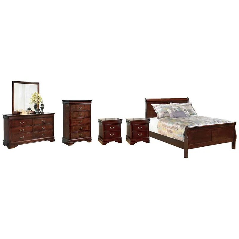 Alisdair Full Sleigh Bed with Mirrored Dresser Chest and 2 Nightstands