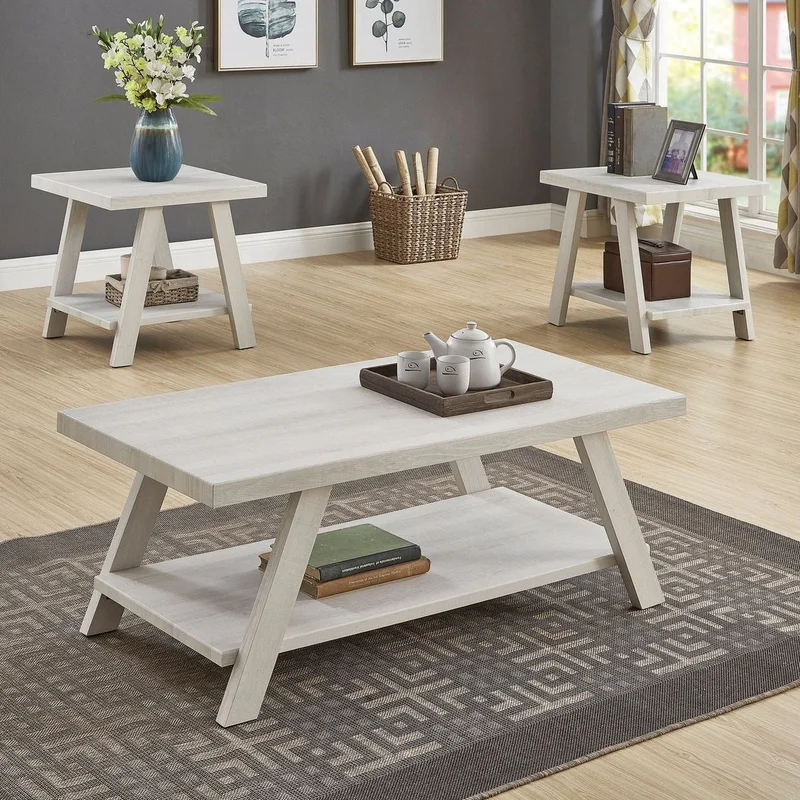 Athens Contemporary Wood Shelf Coffee Table Set in White Finish