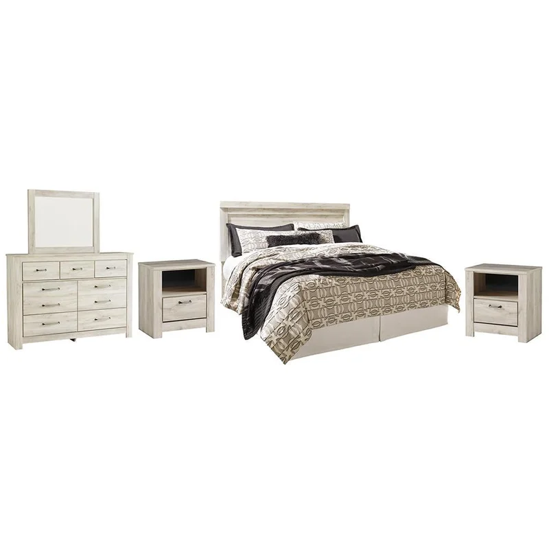 Bellaby King Panel Headboard Bed with Mirrored Dresser and 2 Nightstands