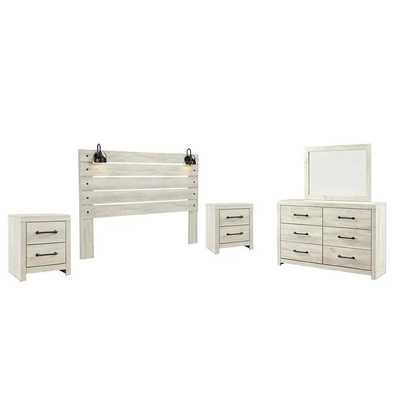 Cambeck King Panel Headboard Bed with Mirrored Dresser and 2 Nightstands