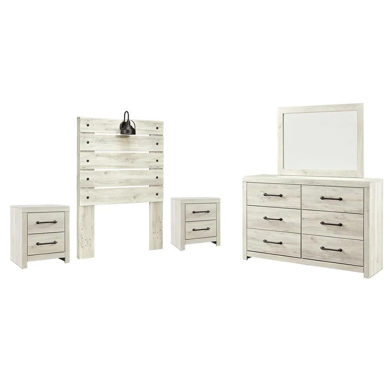 Cambeck Twin Panel Headboard Bed with Mirrored Dresser and 2 Nightstands