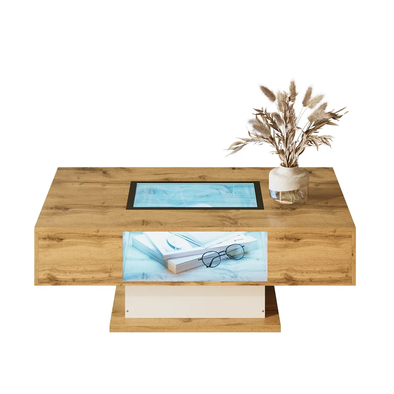 Coffee Table with Color-Changing LED Light Glass Two Drawers