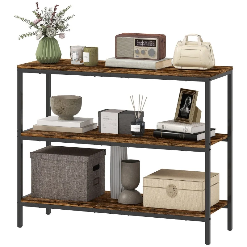 Console Table with 3-tier Shelf Chipboard and Metal Light Brown