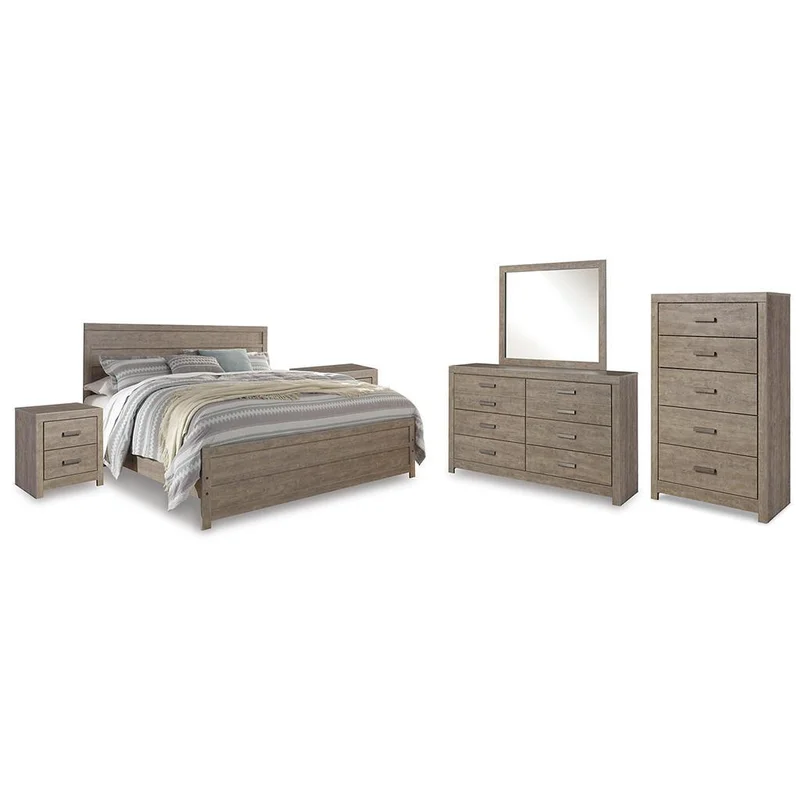 Culverbach King Panel Bed with Mirrored Dresser Chest and 2 Nightstands