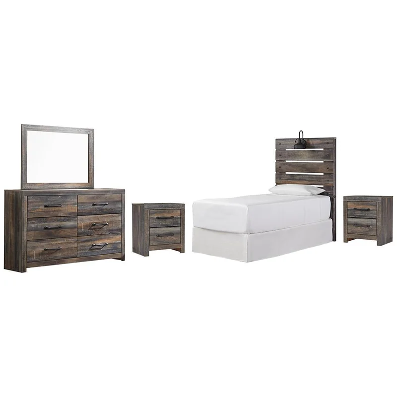 Drystan Twin Panel Headboard Bed with Mirrored Dresser and 2 Nightstands
