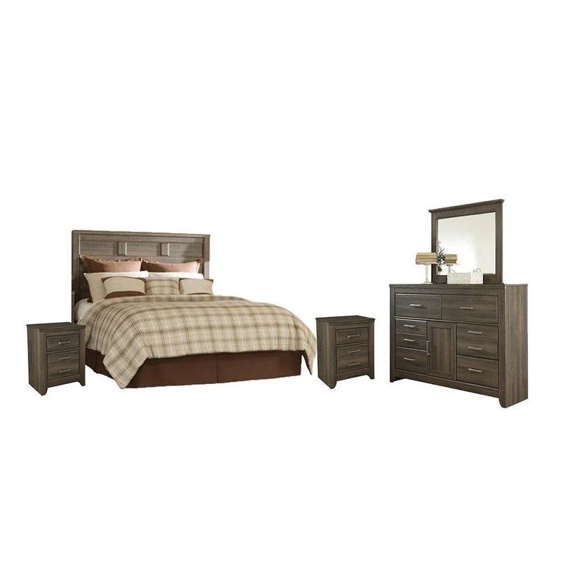 Juararo Queen Panel Headboard Bed with Mirrored Dresser and 2 Nightstands