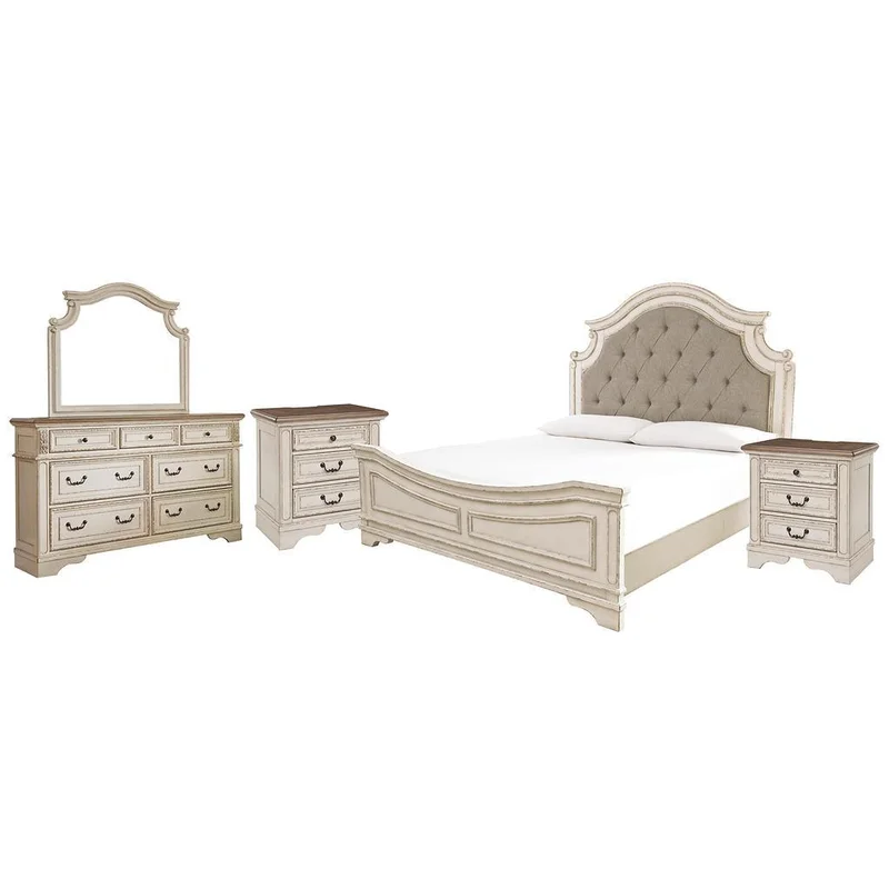 Realyn King Upholstered Panel Bed with Mirrored Dresser and 2 Nightstands