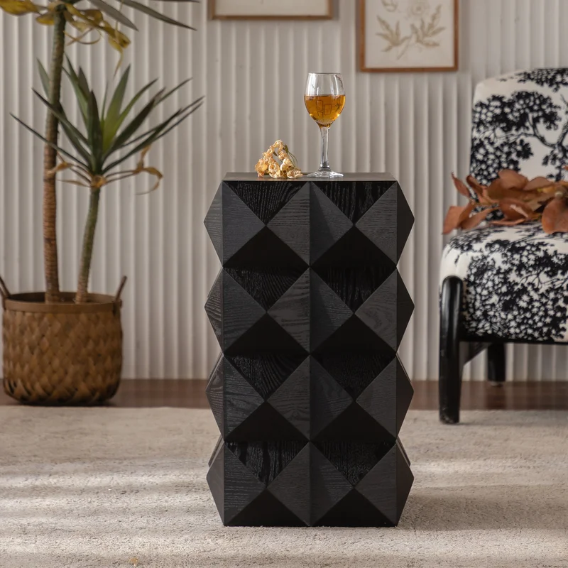 Retro Side Table - 60CM Height Embossed Pattern Wooden Black
