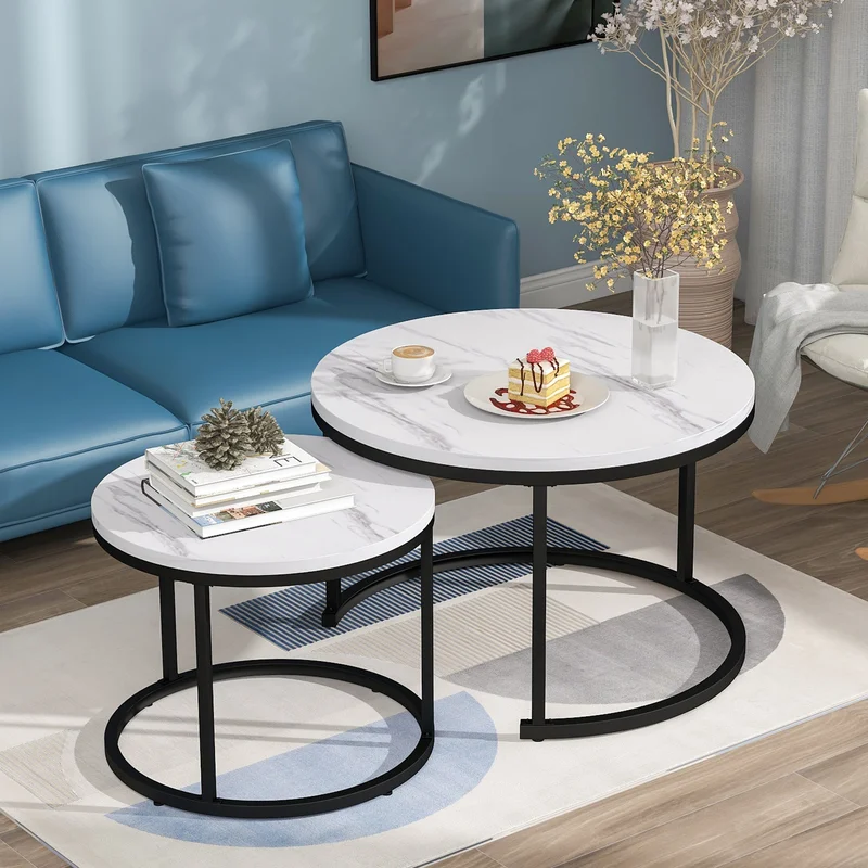 Round Coffee Table Set of 2 Nested Side Table for Living Room