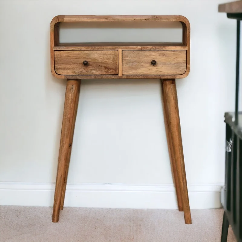 Solid Wood Console Table Mini Curved 2 Drawers Open Slot Brown