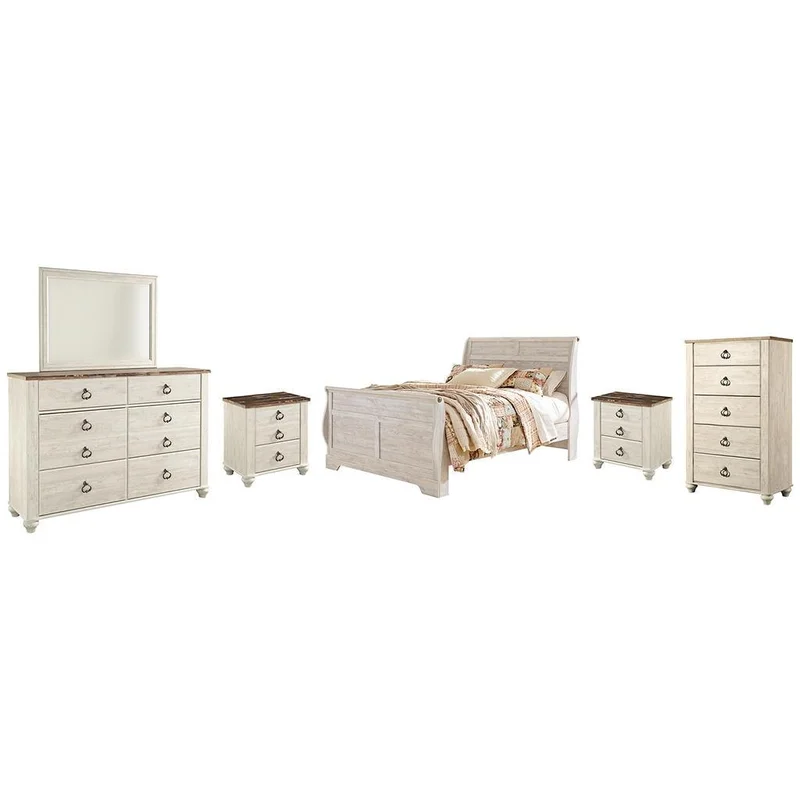 Willowton Queen Sleigh Bed with Mirrored Dresser Chest and 2 Nightstands