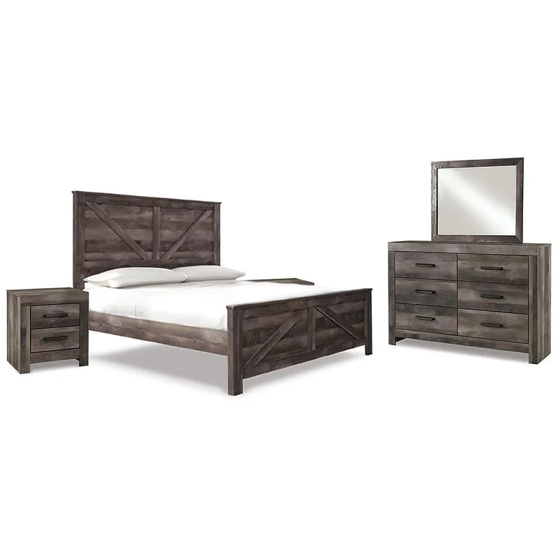 Wynnlow King Crossbuck Panel Bed with Mirrored Dresser and 2 Nightstands