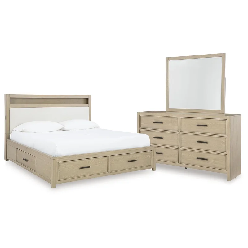 Calmoro California King Bookcase Bed with Mirrored Dresser