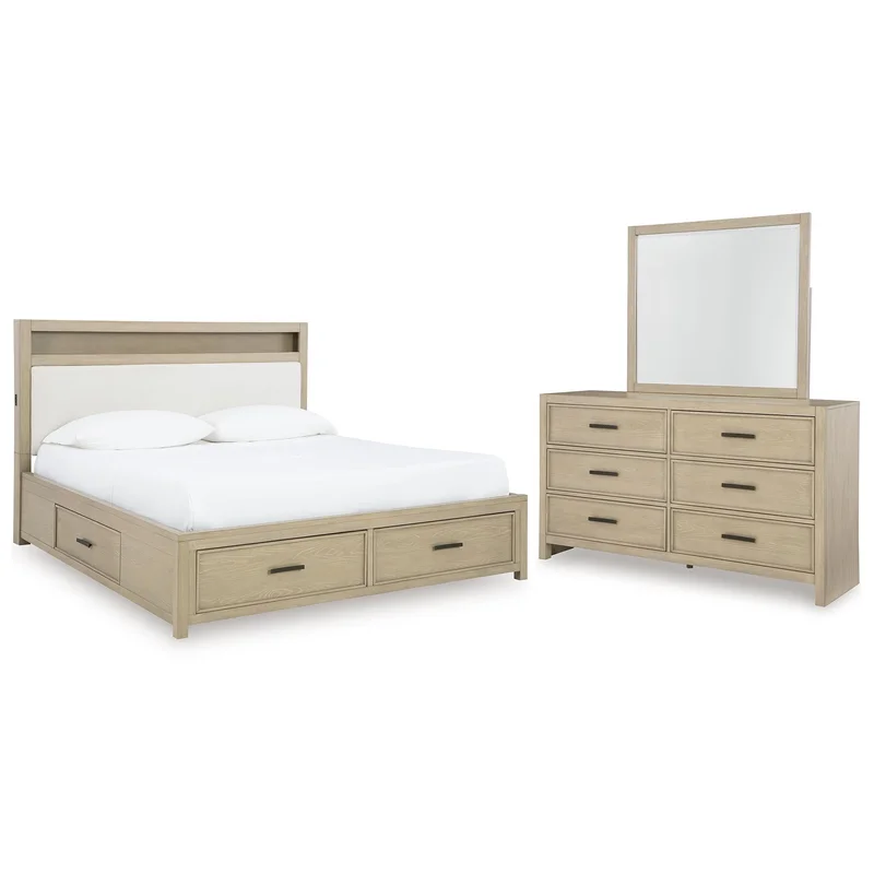 Calmoro King Bookcase Bed with Mirrored Dresser