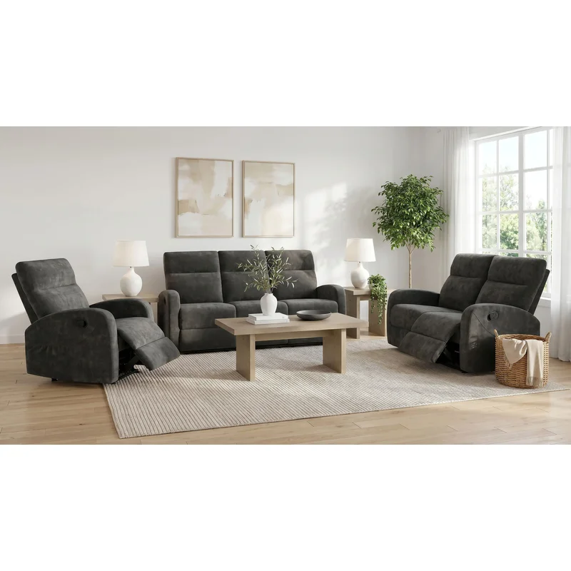 Hamilton 3-piece Chenille Manual Reclining Sofa Set Charcoal Grey