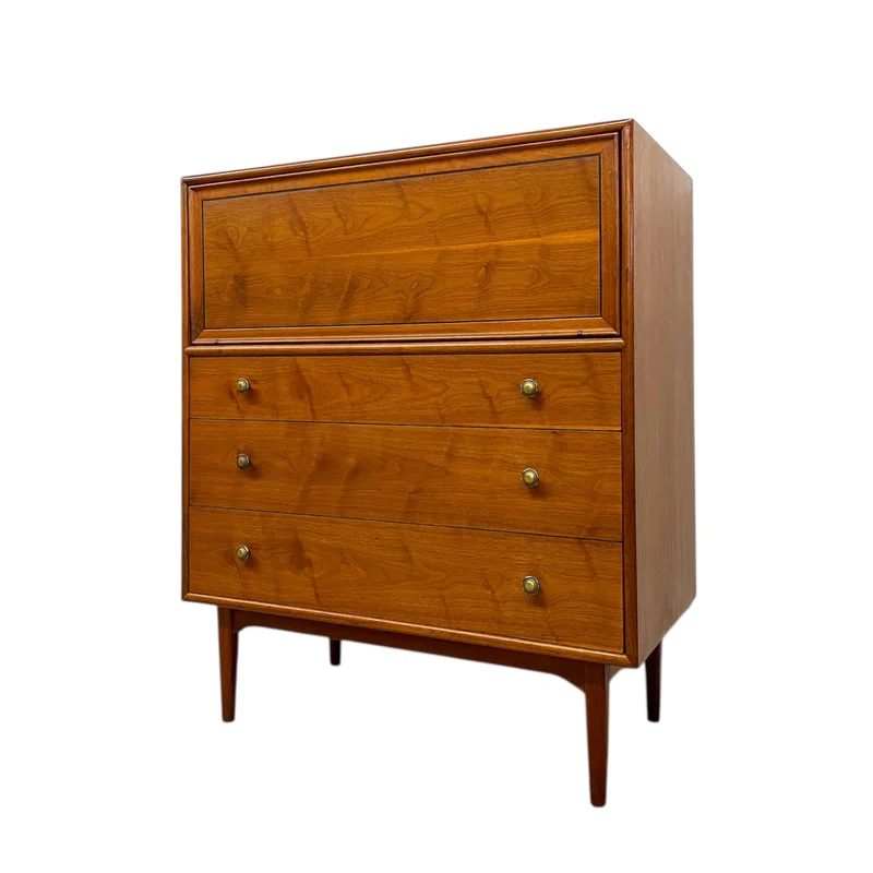 1960s Drexel Genuine Walnut Mid-Century Modern Secretary Chest With Drop-Front Desk and Drawers