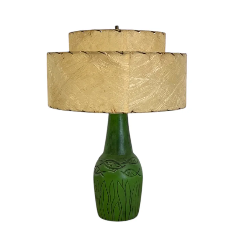 Vintage 1950s Green Ceramic-like Table Lamp with possibly Fiberglass Double Drum Shade