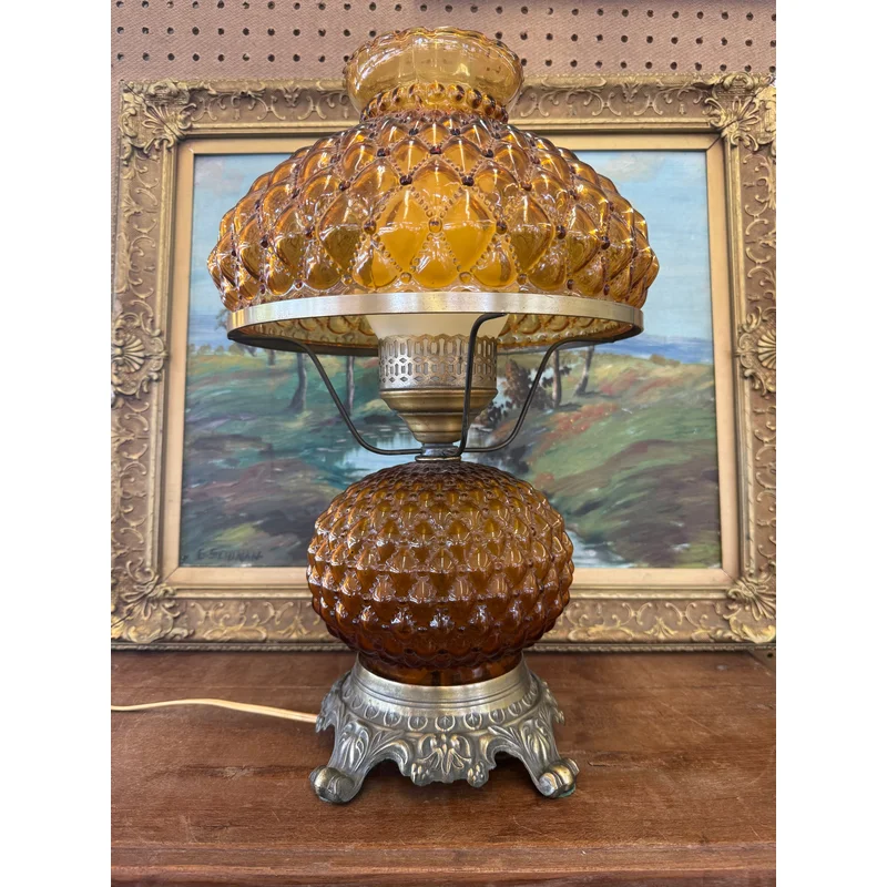 Vintage Amber Glass Hurricane Lamp with Diamond Point Hobnail Pattern with Ornate Metal Toned Base Mid Century Modern Accent Lighting