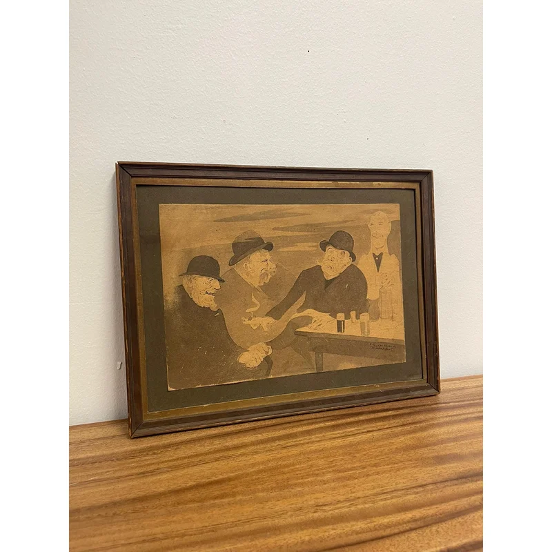 Vintage Framed and Signed Original Artwork of Men Sitting at a Table