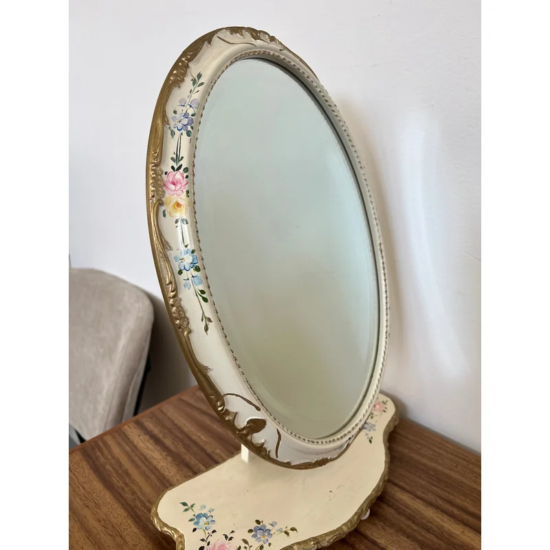 Vintage French Provincial Vanity Tilting Mirror - Hand-Painted Floral Oval Shabby Chic Tabletop with Gold toned accents Hollywood Regency Decor(Available by online purchase only)