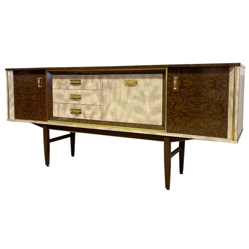 Vintage Mid-Century Modern Formica Credenza / Sideboard - UK Import Brass-Tone Hardware Storage Cabinet