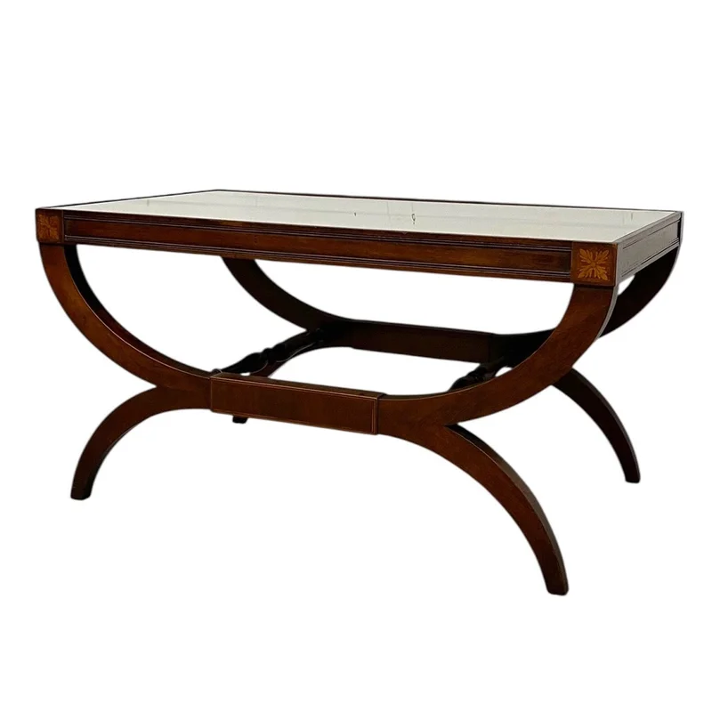Vintage Neoclassical Style Coffee Table with Removable Glass Top Curved Saber Legs and Floral Inlay Accents