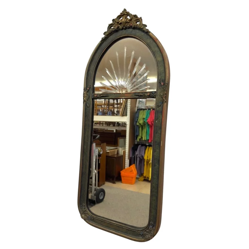 Vintage Arched Pier Mirror with Glass Sunburst Prism Ornate Gilt Hollywood Regency Wall Mirror