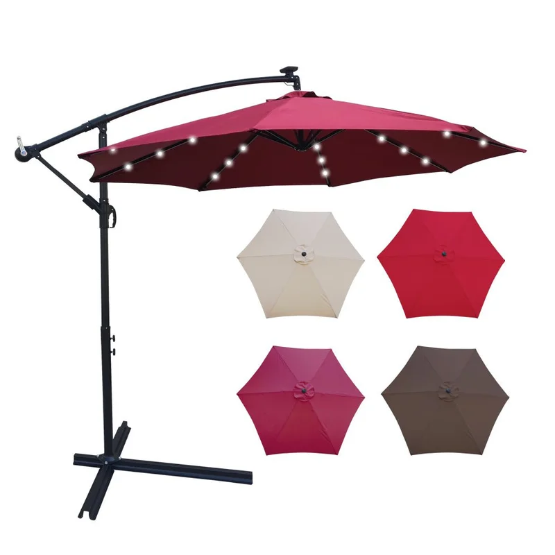 10 ft Outdoor Patio Umbrella Solar Powered LED Lighted Sun Shade Market Waterproof 8 Ribs Umbrella with Crank and Cross Base for Garden Deck Backyard Pool Shade Outside Deck Swimming Pool