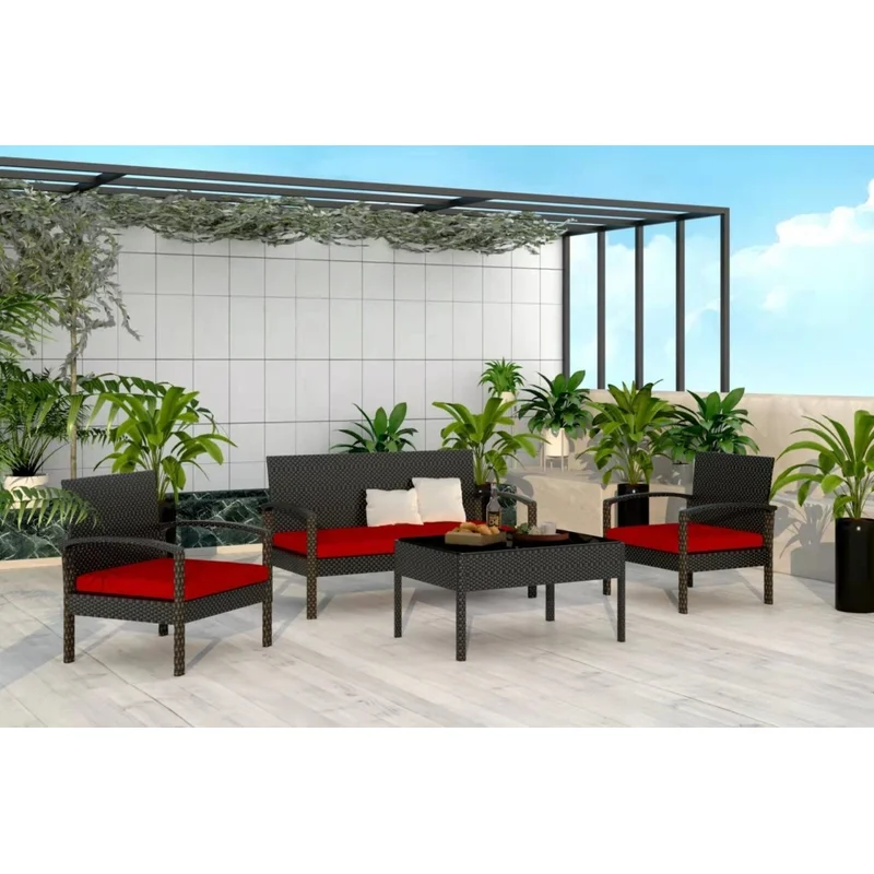 4 PCS Patio Rattan Conversation Chair Set 4 PCS Patio Wicker Rattan Furniture Set Patio Wicker Rattan Table
