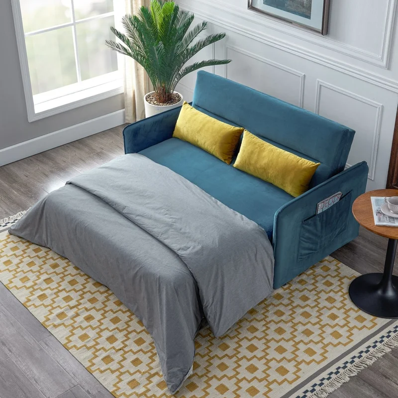 57"Modern Velvet Sofa with Pull-Out Sleeper Bed with 2 Pillows Adjustable Backrest for living room or office 2 Big side pocketBlack