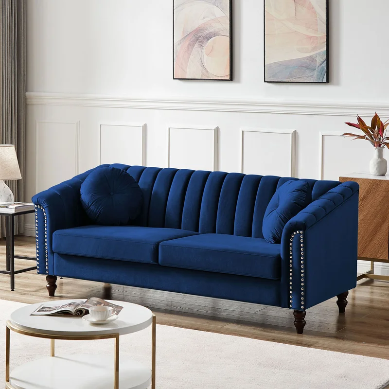 MH Modern Velvet Upholstered Sofa Couch 3 Seat Tufted Back with Nail Arms Solid wood Legs Sleeper Sofa for Living Room Compact Living Space Apartment Bonus Room Black