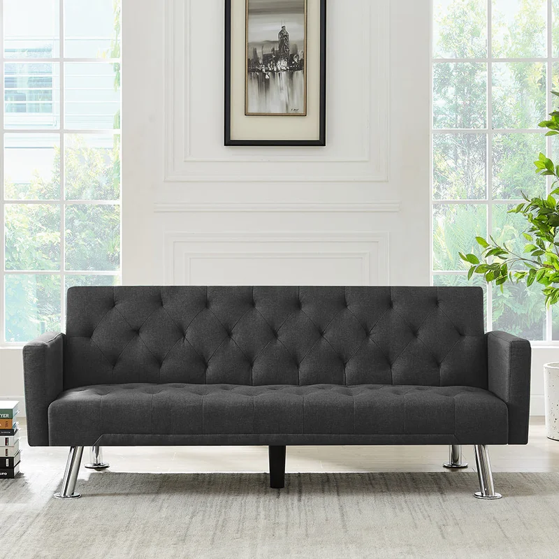 Modern Convertible Folding Futon Sofa Bed Grey Fabric Sleeper Sofa Couch for Compact Living Space.