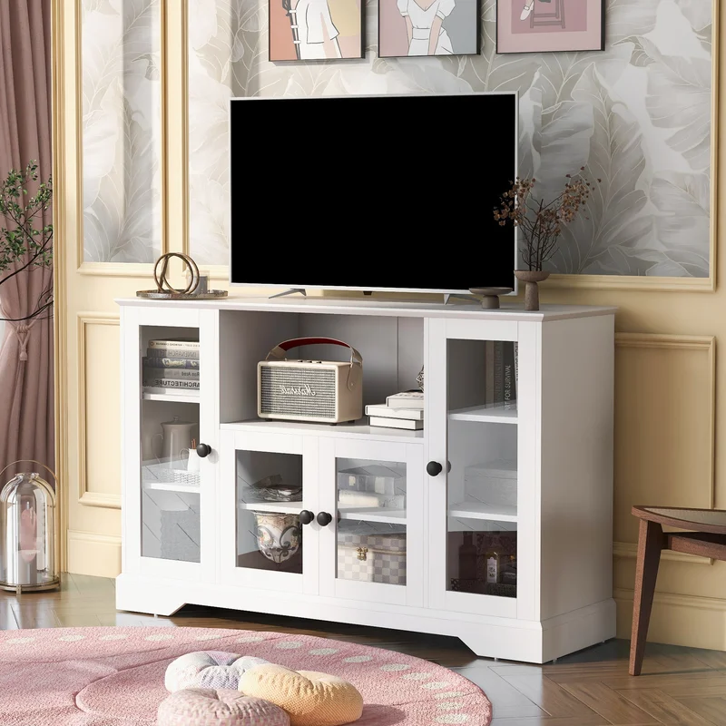 ON-TREND TV Stand for TV up to 60in with 4 Tempered Glass Doors Adjustable Panels Open Style Cabinet Sideboard for Living room White (OLD SKU:WF286785AAK)
