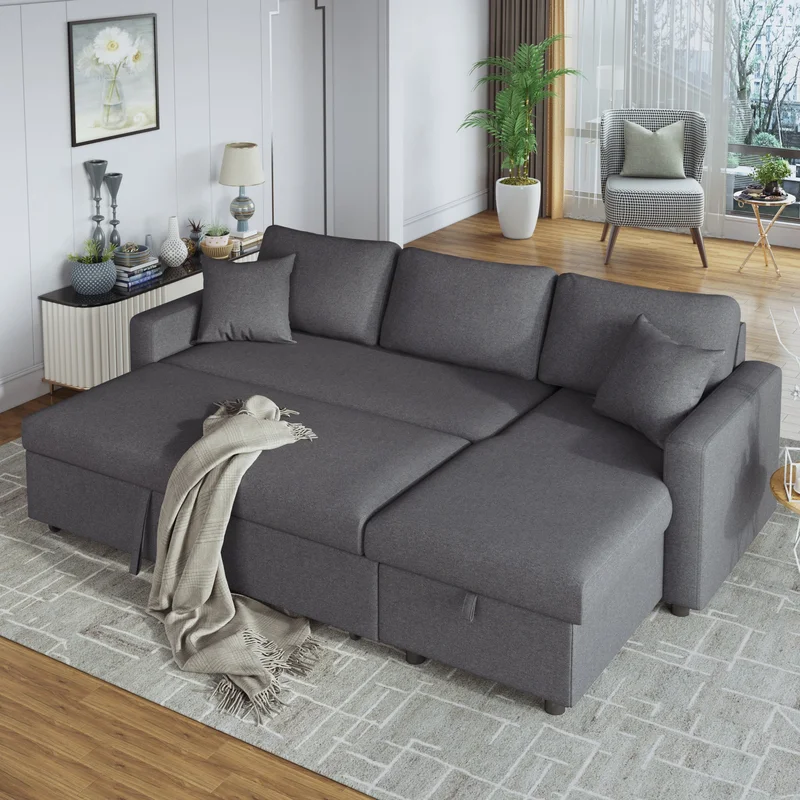 U_STYLE Upholstery Sleeper Sectional Sofa Grey with Storage Space 2 Tossing Cushions