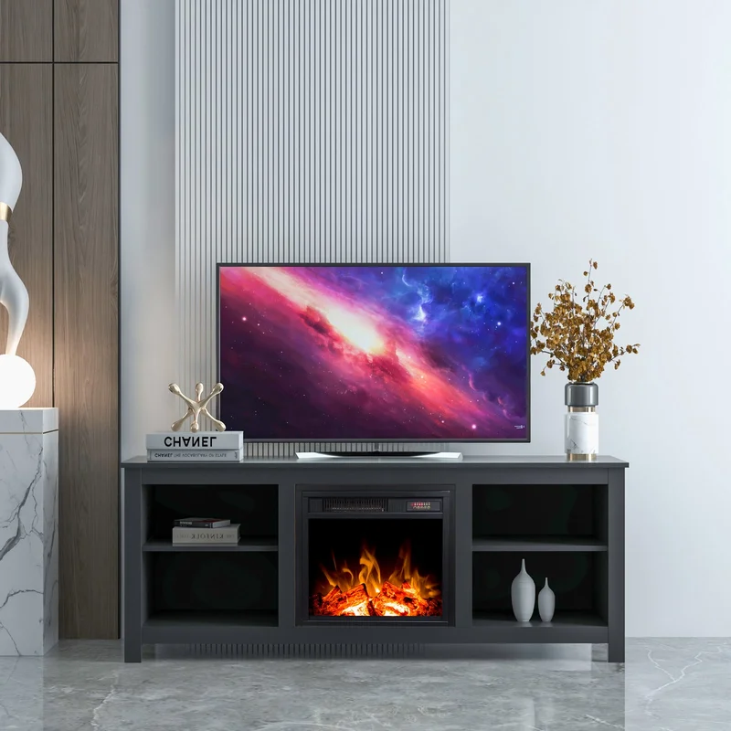 Classic 4 Cubby Fireplace TV Stand Black