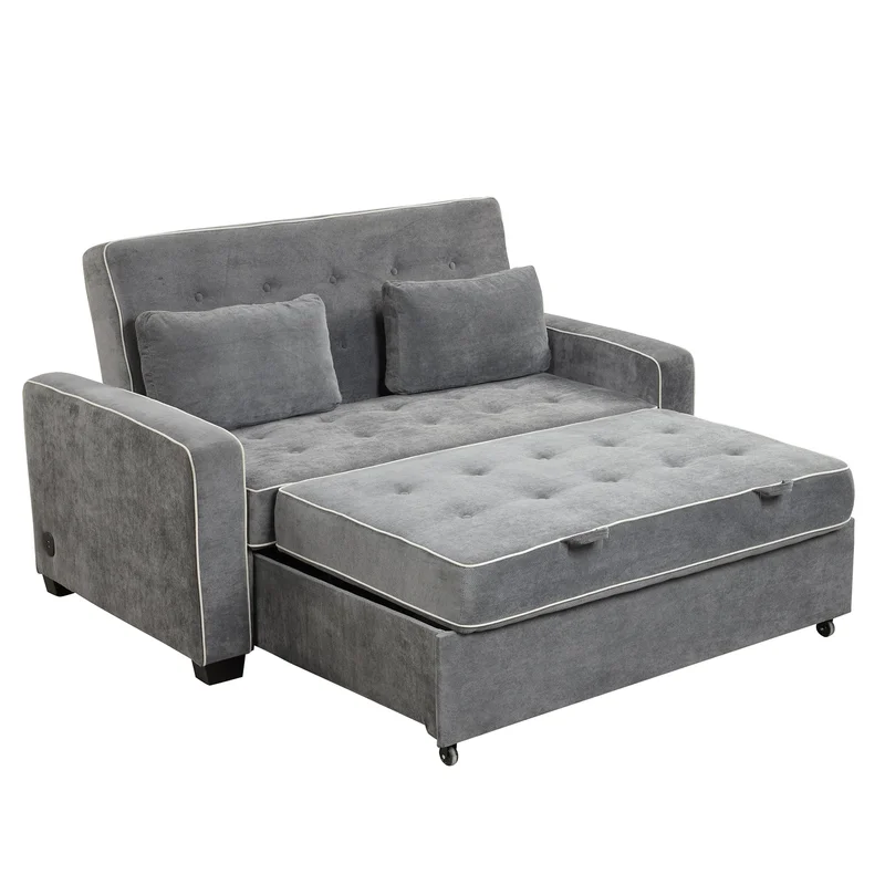 Linen Upholstered Sleeper Bed Pull Out Sofa Bed Couch attached two throw pillowsDual USB Charging Port and Adjustable Backrest for Living Room SpaceBlack
