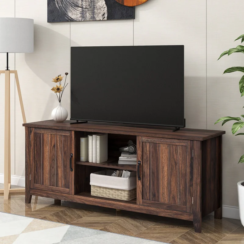 U-Can TV Stand for TV up to 60in with 2 Doors Adjustable Panels Open Style Cabinet Sideboard for Living room Tiger