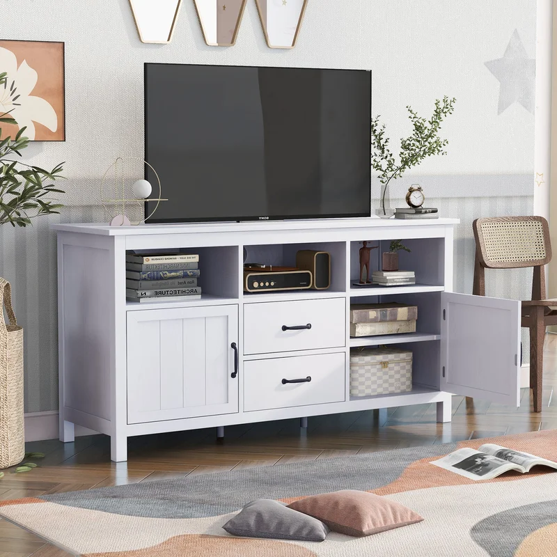 U-Can TV Stand for TV up to 68 in with 2 Doors and 2 Drawers Open Style Cabinet Sideboard for Living room White