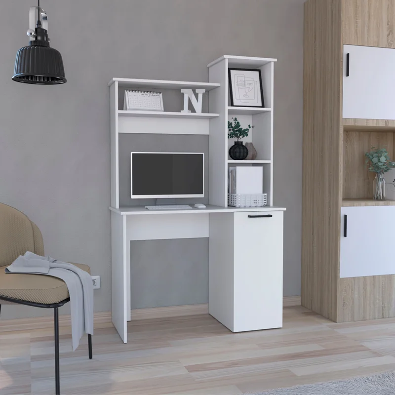 Carson Computer Desk with Hutch Single Door Cabinet Expansive Work Surface and 3-Tier Storage Shelves