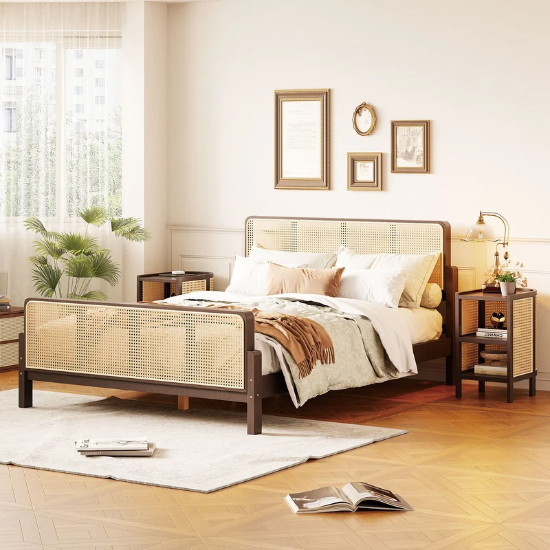 3 Pieces Rattan Platform Full Size Bed With 2 NightstandsWalnut
