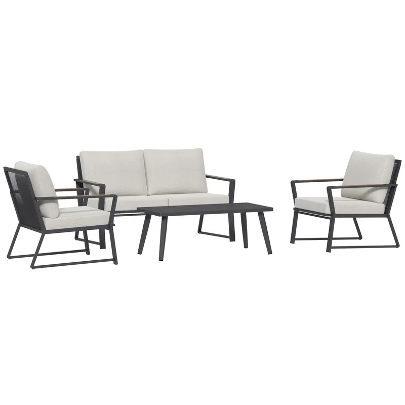4 Piece Patio Furniture Set Aluminum Conversation Set Outdoor Garden Sofa Set with Armchairs Loveseat Center Coffee Table and Cushions Cream White