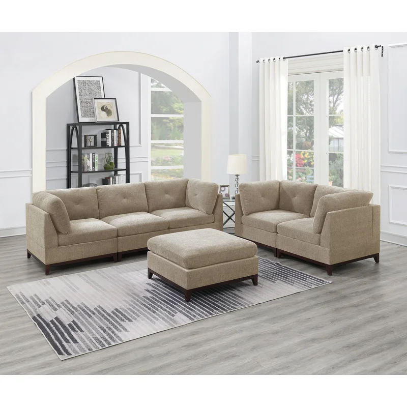 Camel Chenille Fabric Modular Sofa Set 6pc Set Living Room Furniture Couch Sofa Loveseat 4x Corner Wedge 1x Armless Chair and 1x Ottoman Tufted Back Exposed Wooden Base