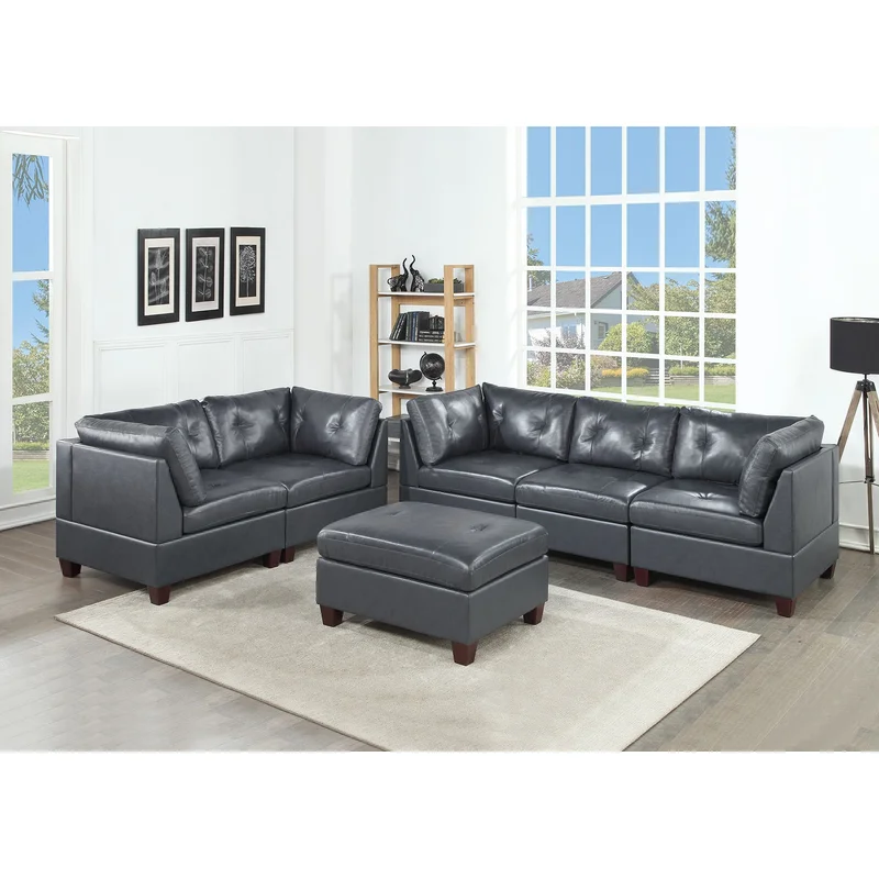 Contemporary Genuine Leather Black Tufted 6pc Sectional Set 4x Corner Wedge 1x Armless Chair 1x Ottomans Living Room Furniture Sofa Couch