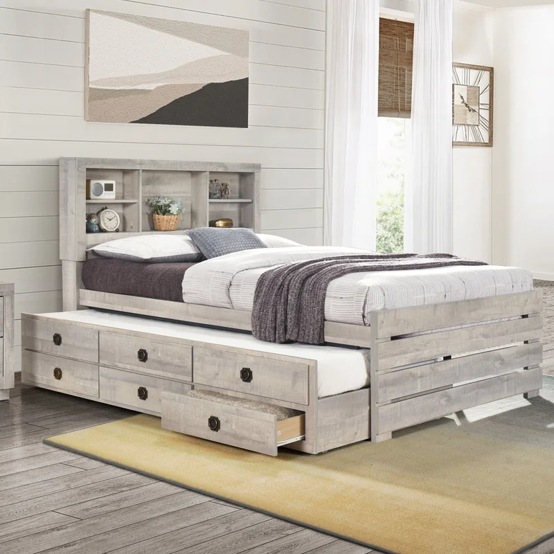 Farmhouse Style Full Size Bookcase Captain Bed with Three Drawers and Trundle Rustic White